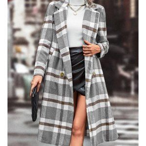 Plaid Print Lapel Collar Double Breasted Overcoat Jacket Coat